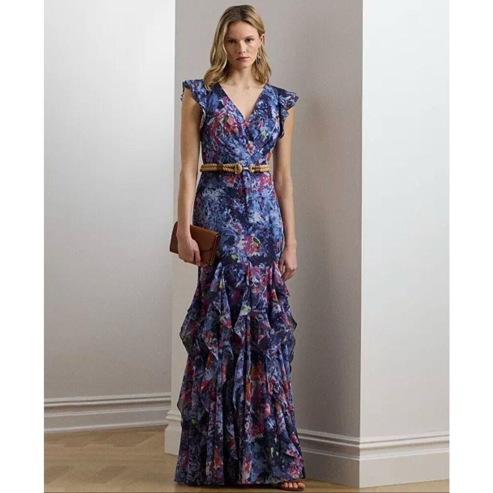 Lauren Ralph Lauren Print Ruffle-Trim Crinkle Georgette Gown Blue Multicolor 4